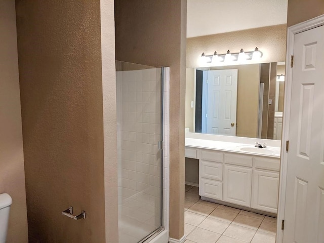 803 W Lonesome Dove Trl, Arlington, TX 76001 - bathroom featuring tile patterned flooring, a textured wall, a shower stall, vanity, and toilet