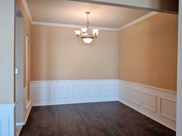 803 W Lonesome Dove Trl, Arlington, TX 76001 - spare room featuring a chandelier, wainscoting, dark wood-style flooring, and ornamental molding