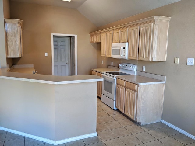 803 W Lonesome Dove Trl, Arlington, TX 76001 - kitchen featuring white appliances, lofted ceiling, light tile patterned floors, light countertops, and a peninsula