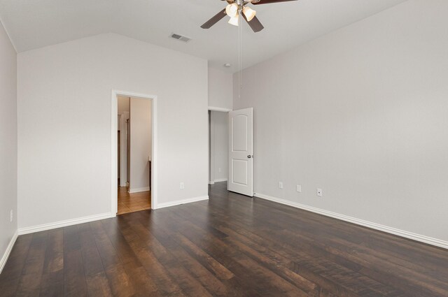 213 Longhorn Dr, Waxahachie, TX 75165 - unfurnished bedroom featuring dark wood-type flooring, baseboards, a ceiling fan, and high vaulted ceiling
