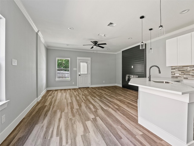 6223 Post Oak Ter, Fort Worth, TX 76112 - unfurnished living room featuring a sink, crown molding, ceiling fan, light wood-style flooring, and baseboards