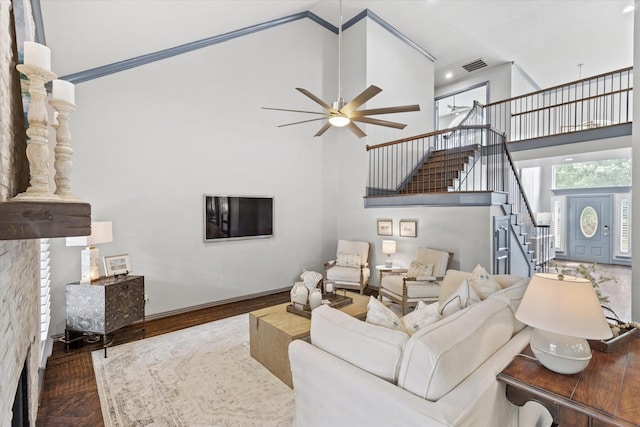 755 Richmond Ln, Keller, TX 76248 - living room featuring high vaulted ceiling, stairway, ceiling fan, ornamental molding, and wood finished floors