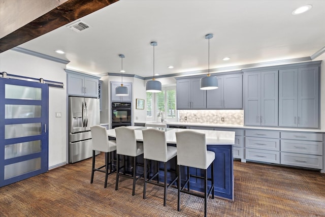 755 Richmond Ln, Keller, TX 76248 - kitchen with stainless steel fridge with ice dispenser, a sink, light countertops, ornamental molding, and a center island