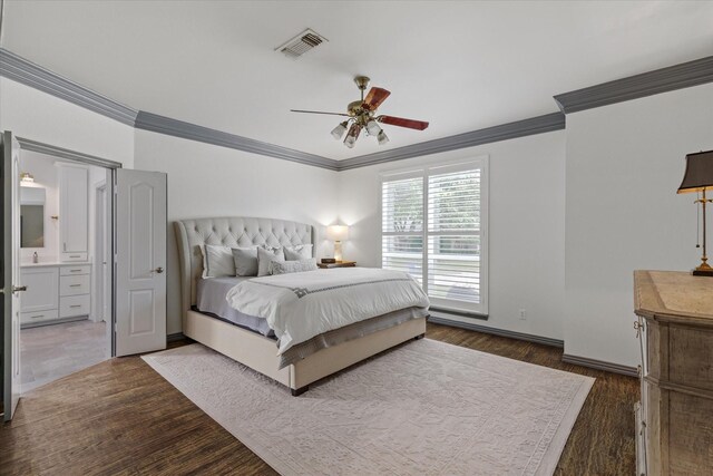 755 Richmond Ln, Keller, TX 76248 - bedroom with ornamental molding, wood finished floors, connected bathroom, a ceiling fan, and baseboards