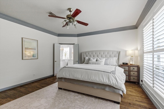 755 Richmond Ln, Keller, TX 76248 - bedroom featuring wood finished floors, ornamental molding, a ceiling fan, baseboards, and connected bathroom