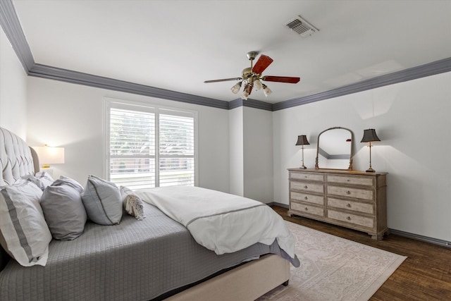 755 Richmond Ln, Keller, TX 76248 - bedroom with crown molding, dark wood-style flooring, baseboards, and a ceiling fan