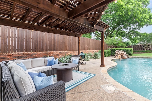 755 Richmond Ln, Keller, TX 76248 - view of swimming pool featuring an outdoor living space with a fire pit, a fenced backyard, a pergola, and a patio area