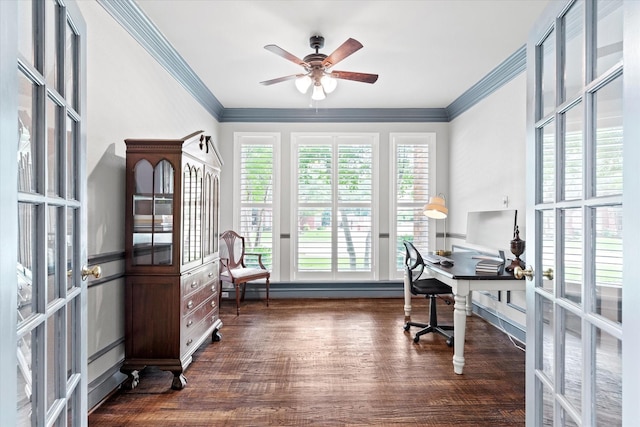 755 Richmond Ln, Keller, TX 76248 - office space featuring ornamental molding, ceiling fan, dark wood-style flooring, and french doors