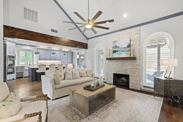 755 Richmond Ln, Keller, TX 76248 - living area with light wood-style flooring, a ceiling fan, a fireplace, lofted ceiling, and recessed lighting