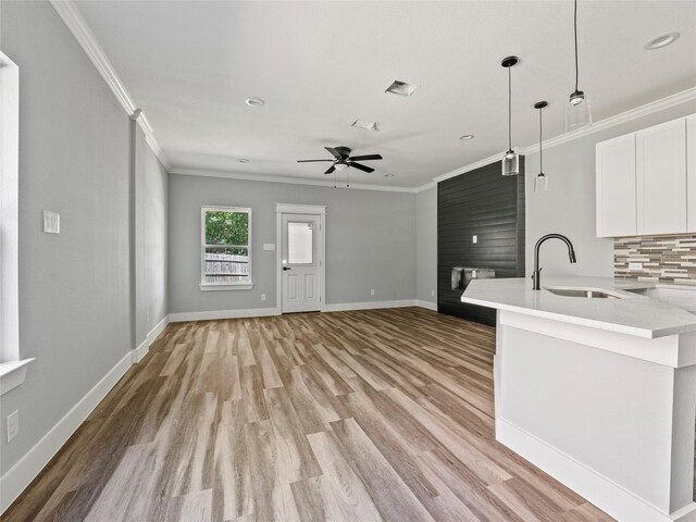 6221 Post Oak Ter, Fort Worth, TX 76112 - unfurnished living room featuring a sink, crown molding, ceiling fan, light wood-style flooring, and baseboards