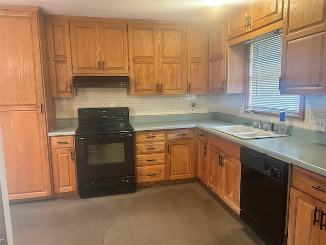 3415 Reily Ln, Shreveport, LA 71105 - kitchen featuring black appliances, a sink, range hood, concrete floors, and tasteful backsplash
