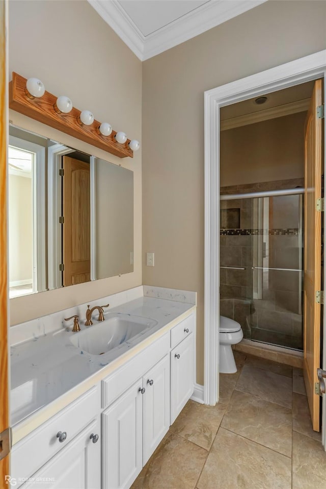 135 Oak Leaf Trl, Benton, LA 71006 - bathroom featuring ornamental molding, toilet, a stall shower, and vanity