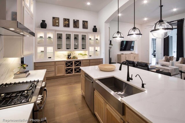 4621 Sandbrock Pkwy, Aubrey, TX 76227 - kitchen with appliances with stainless steel finishes, a sink, backsplash, pendant lighting, and wood finished floors