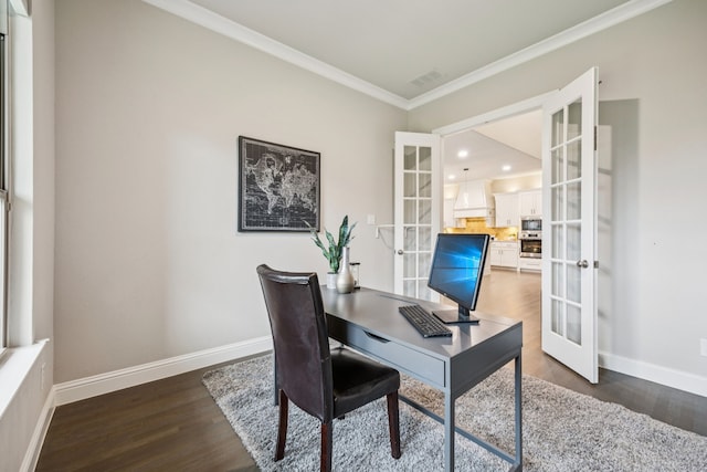 3940 White Clover Ln, Prosper, TX 75078 - office space with french doors, ornamental molding, dark wood-type flooring, baseboards, and recessed lighting