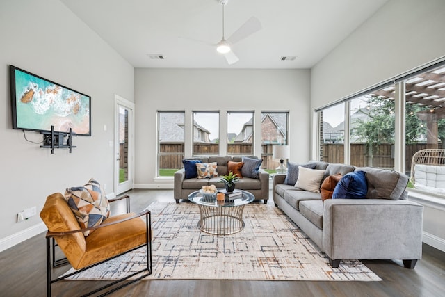 3940 White Clover Ln, Prosper, TX 75078 - living area with ceiling fan, wood finished floors, and baseboards
