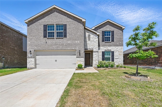 1611 Timpson Dr, Forney, TX 75126 - traditional-style home featuring a garage, a front lawn, stone siding, brick siding, and driveway