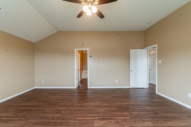 1005 Bainbridge Ln, Forney, TX 75126 - empty room with a ceiling fan, vaulted ceiling, dark wood-style floors, baseboards, and a smoke detector