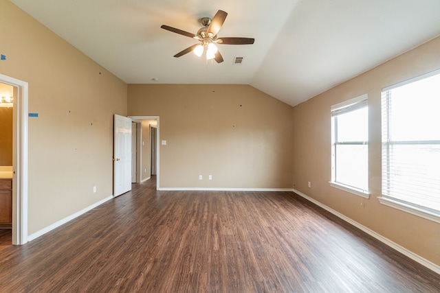 1005 Bainbridge Ln, Forney, TX 75126 - empty room with a ceiling fan, dark wood-style flooring, vaulted ceiling, and baseboards