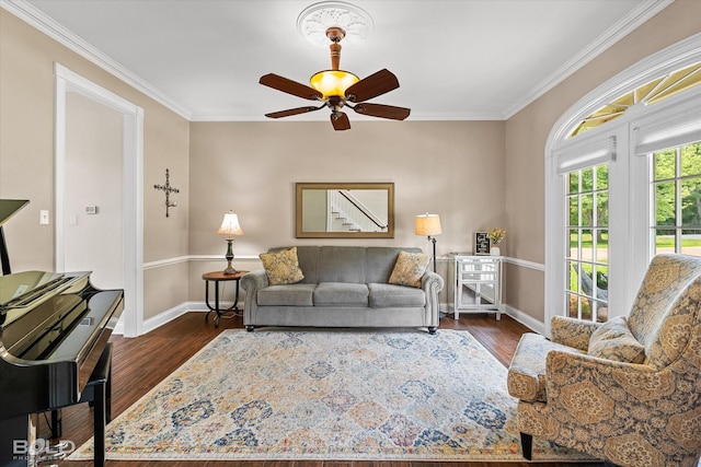 10198 Castanedo Ct, Keithville, LA 71047 - living area with ornamental molding, dark wood-style floors, baseboards, and ceiling fan