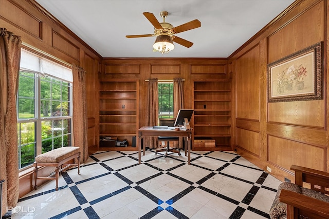 10198 Castanedo Ct, Keithville, LA 71047 - office featuring wood walls, built in features, crown molding, plenty of natural light, and ceiling fan