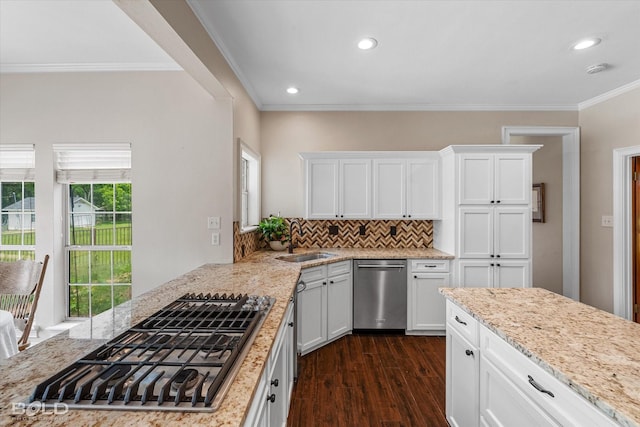 10198 Castanedo Ct, Keithville, LA 71047 - kitchen featuring appliances with stainless steel finishes, a sink, crown molding, dark wood-style flooring, and light stone countertops