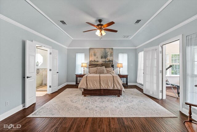 10198 Castanedo Ct, Keithville, LA 71047 - bedroom with baseboards, crown molding, dark wood-style floors, ceiling fan, and ensuite bath