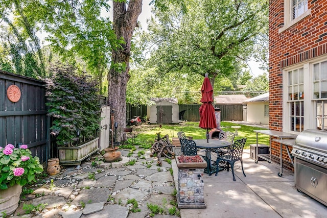 4317 Rawlins St, Dallas, TX 75219 - view of patio featuring a shed, grilling area, an outdoor structure, a fenced backyard, and outdoor dining area