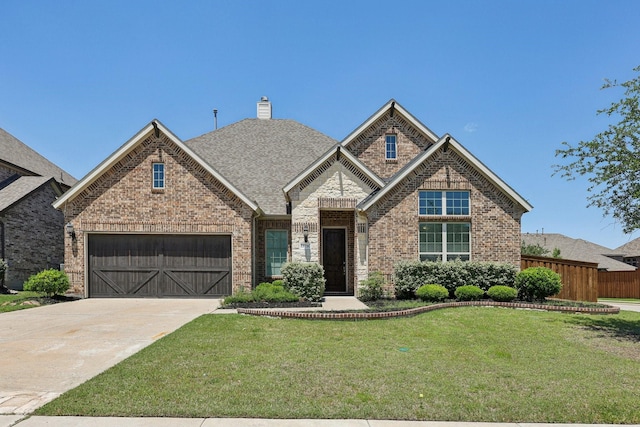 13736 Kevin Dr, Frisco, TX 75035 - view of front of property featuring brick siding, driveway, a garage, a chimney, and a shingled roof