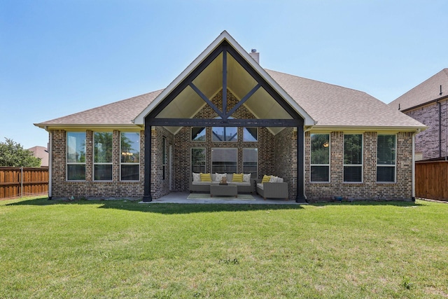 13736 Kevin Dr, Frisco, TX 75035 - rear view of house featuring outdoor lounge area, brick siding, a patio area, and a chimney