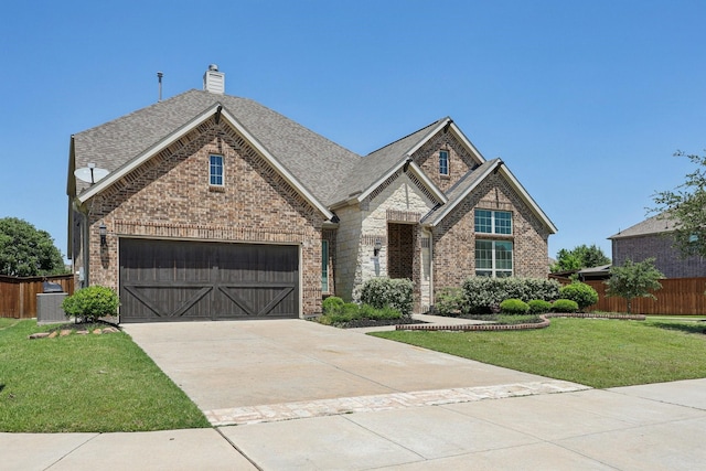 13736 Kevin Dr, Frisco, TX 75035 - view of front of house with concrete driveway, brick siding, roof with shingles, a chimney, and central AC