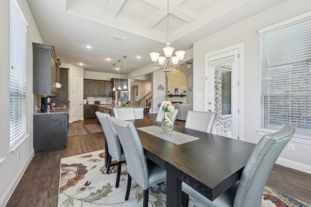 13736 Kevin Dr, Frisco, TX 75035 - dining space with a chandelier, dark wood-style floors, coffered ceiling, recessed lighting, and baseboards