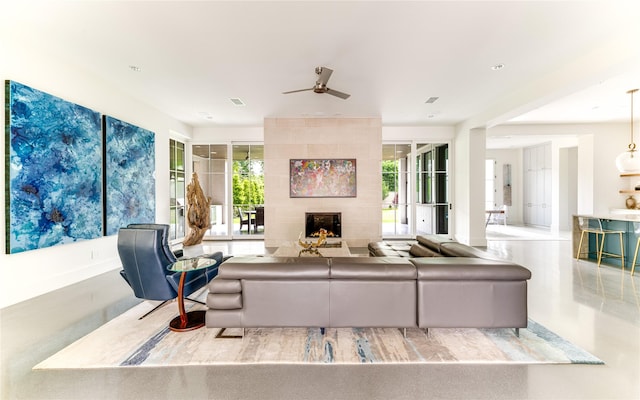 8404 Swananoah Rd, Dallas, TX 75209 - living area with a ceiling fan and a fireplace