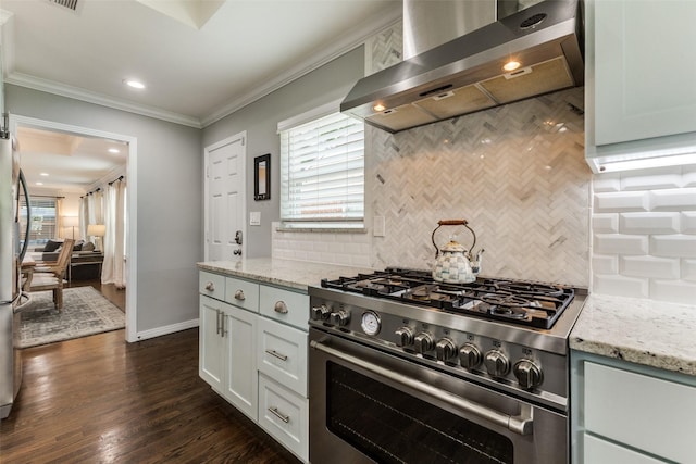 7514 Caillet St, Dallas, TX 75209 - kitchen featuring stainless steel range, range hood, decorative backsplash, ornamental molding, and light stone countertops