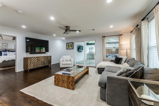 7514 Caillet St, Dallas, TX 75209 - living area featuring crown molding, ceiling fan, wood finished floors, recessed lighting, and baseboards