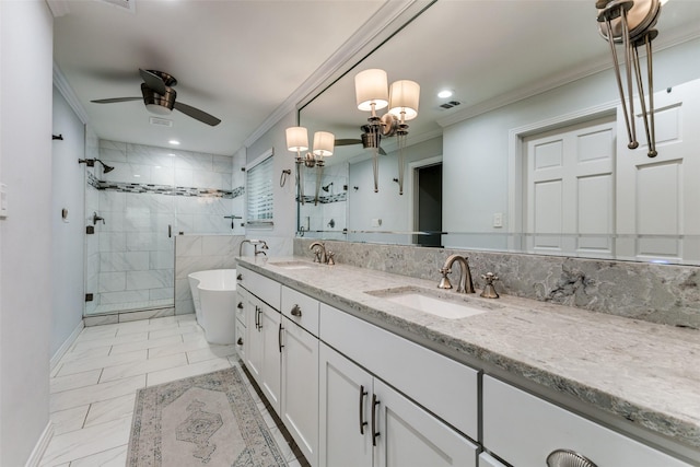 7514 Caillet St, Dallas, TX 75209 - full bath with ornamental molding, a stall shower, ceiling fan, a freestanding bath, and double vanity