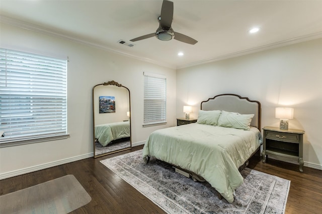 7514 Caillet St, Dallas, TX 75209 - bedroom featuring baseboards, wood finished floors, ornamental molding, recessed lighting, and a ceiling fan