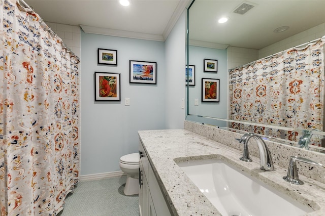 7514 Caillet St, Dallas, TX 75209 - bathroom with ornamental molding, toilet, vanity, recessed lighting, and baseboards