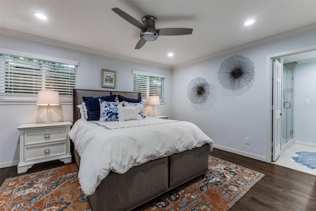 7514 Caillet St, Dallas, TX 75209 - bedroom with dark wood-style flooring, ornamental molding, baseboards, recessed lighting, and a ceiling fan
