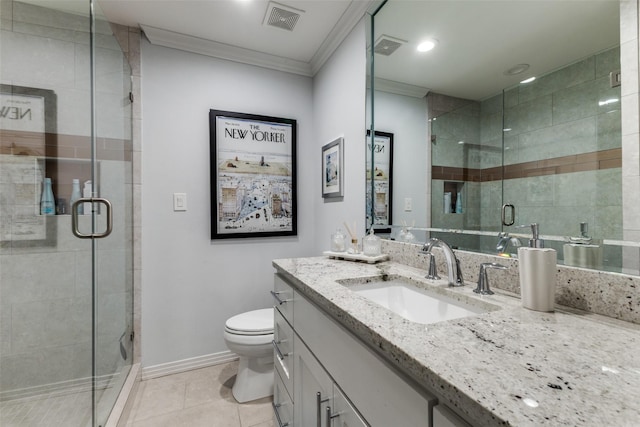 7514 Caillet St, Dallas, TX 75209 - bathroom featuring ornamental molding, a shower stall, tile patterned flooring, baseboards, and vanity