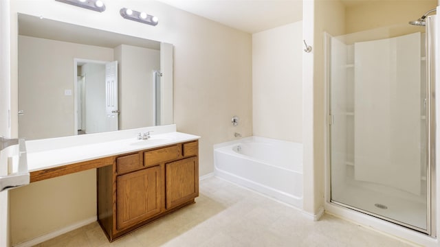 1508 Mockingbird Dr, Aubrey, TX 76227 - bathroom with a shower stall, a bath, vanity, and baseboards