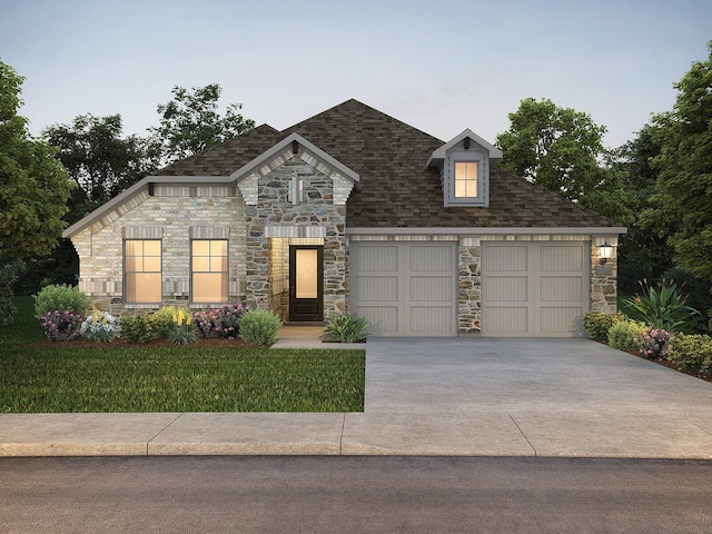 502 Stagg St, Mckinney, TX 75069 - french country style house with stone siding, driveway, a front lawn, and a shingled roof