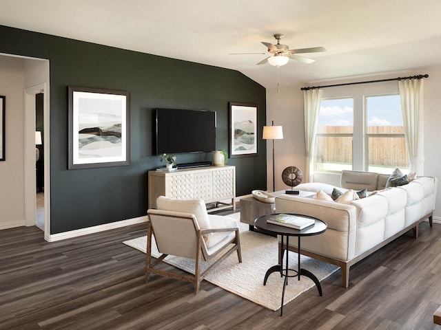 502 Stagg St, Mckinney, TX 75069 - living room featuring dark wood-type flooring, ceiling fan, baseboards, and lofted ceiling