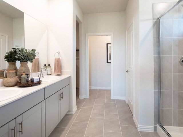 502 Stagg St, Mckinney, TX 75069 - bathroom featuring a stall shower, double vanity, tile patterned flooring, and baseboards