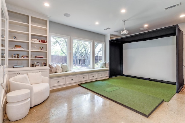 3970 Cobblestone Cir, Dallas, TX 75229 - playroom with golf simulator, finished concrete flooring, and recessed lighting