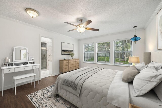 2207 Oakwood Ln, Arlington, TX 76012 - bedroom with crown molding, wood finished floors, a textured ceiling, ensuite bathroom, and ceiling fan