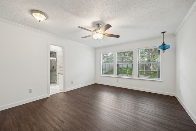 2207 Oakwood Ln, Arlington, TX 76012 - unfurnished room featuring ornamental molding, ceiling fan, a textured ceiling, dark wood-style flooring, and baseboards