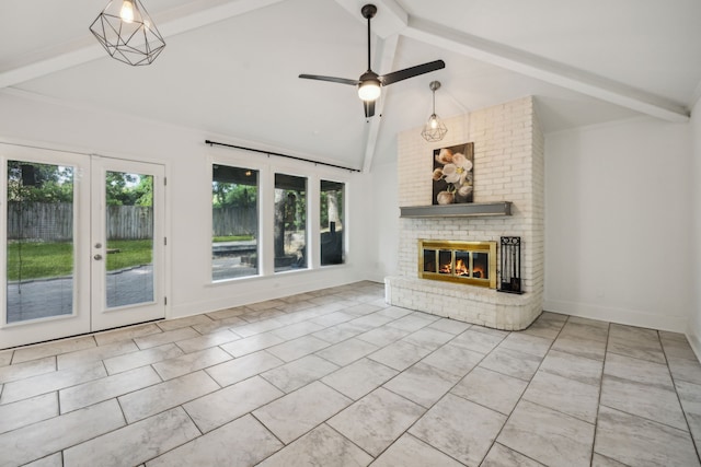 2207 Oakwood Ln, Arlington, TX 76012 - unfurnished living room with a fireplace, a ceiling fan, and french doors