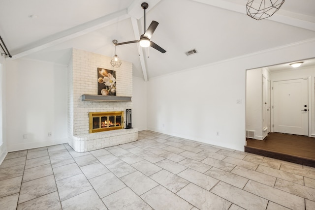 2207 Oakwood Ln, Arlington, TX 76012 - unfurnished living room with ceiling fan, a brick fireplace, and baseboards