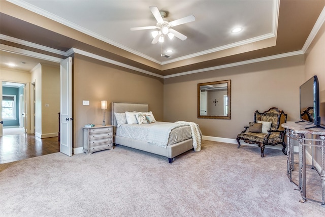 6521 Del Norte Ln, Dallas, TX 75225 - carpeted bedroom with ornamental molding, baseboards, a ceiling fan, and recessed lighting
