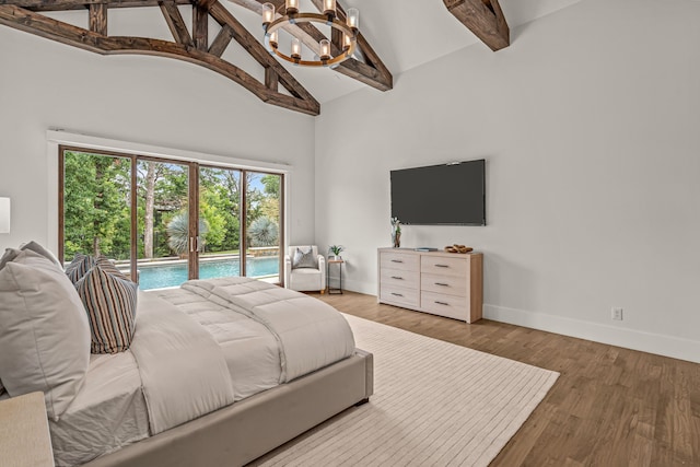 2210 Barcelona Ct, Westlake, TX 76262 - bedroom featuring access to outside, beamed ceiling, a chandelier, high vaulted ceiling, and baseboards